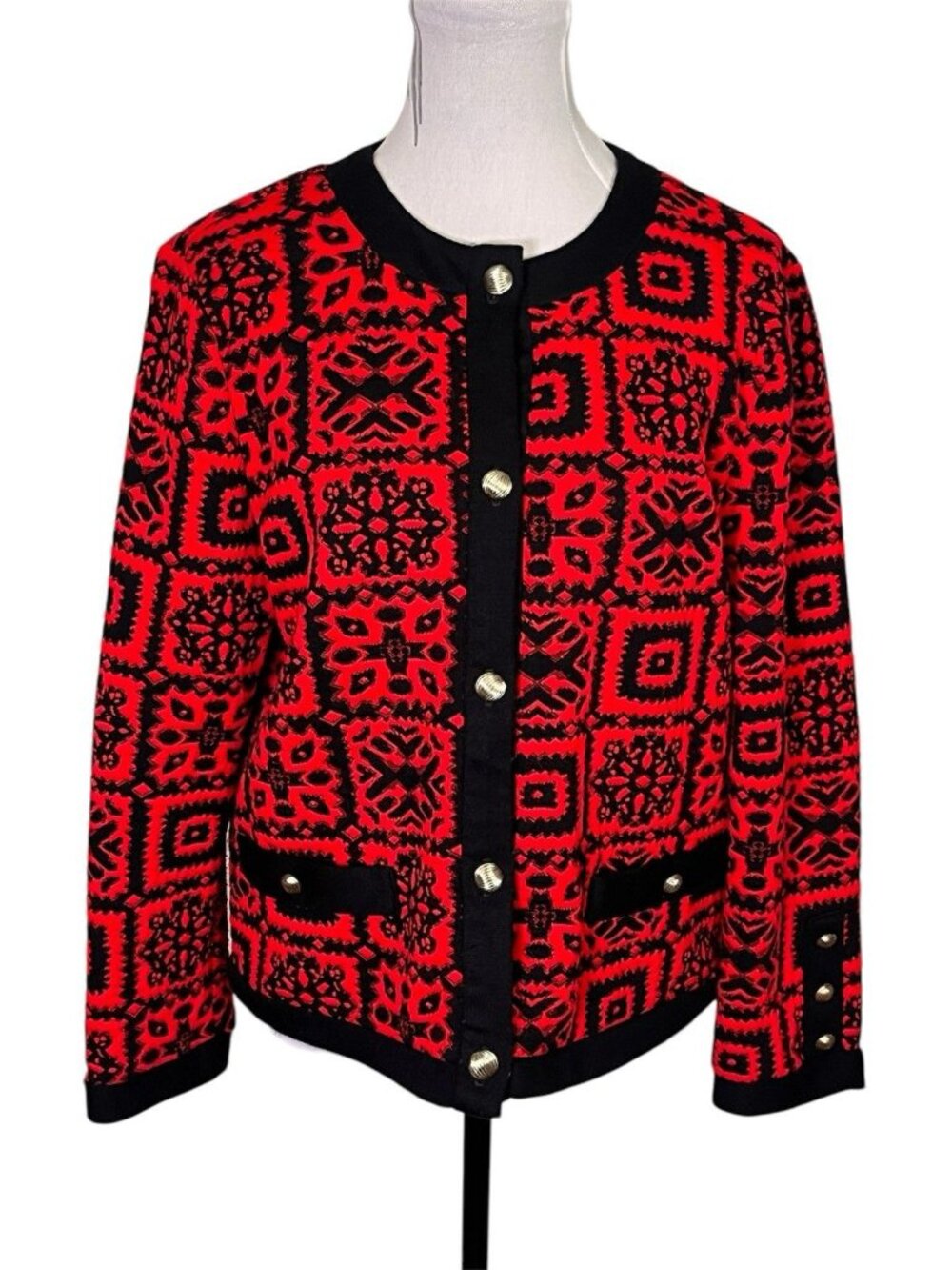 Vintage 70s Stuart Alan Quilted Tapestry Jacket Red Black Gold Buttons USA Made